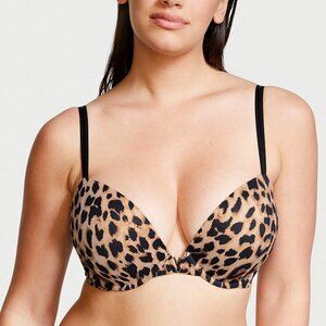 38DD VICTORIA’S SECRET Love Cloud Push-Up Bra Plunge Smooth Leopard Beige Black